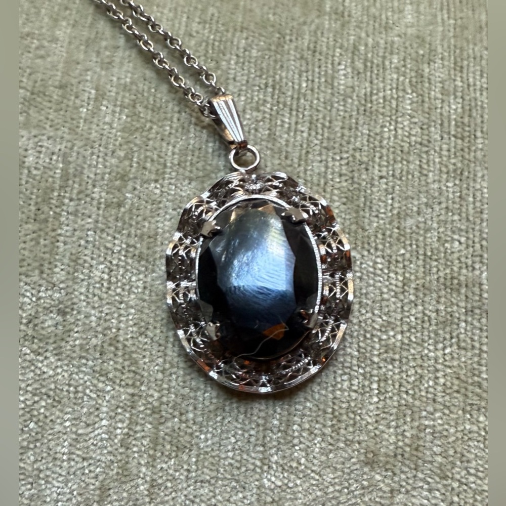 Vintage Hematite Sterling Silver Filigree Lace Pendant Charm